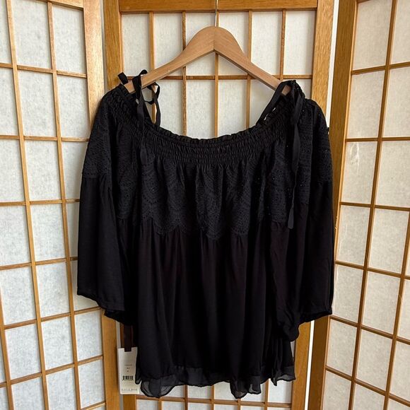 NWT Hale Bob Tinsley Cold Shoulder Lace Tie Shoulder Top in Black | Medium - Picture 2 of 4
